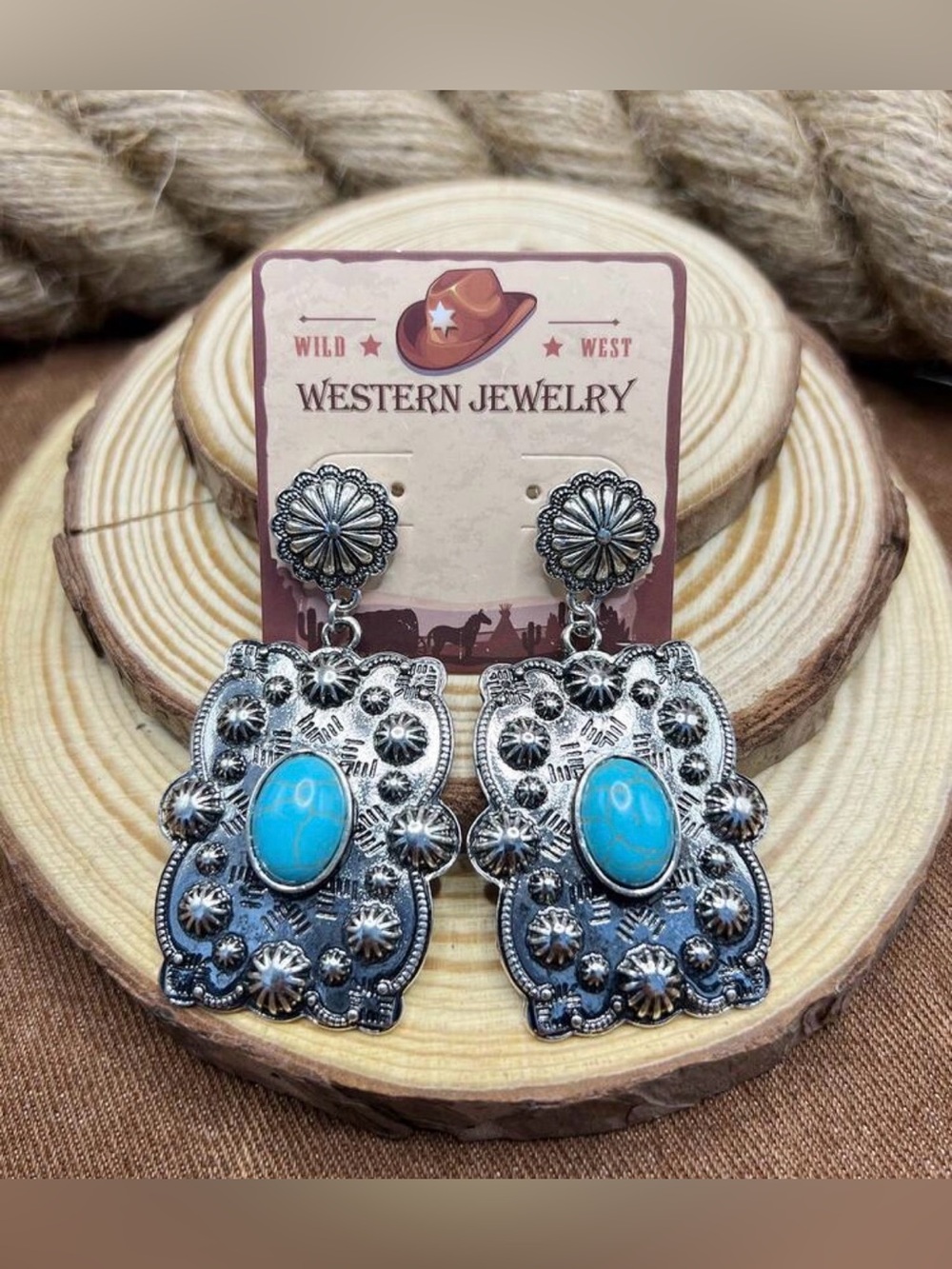 Western Silver-Tone Earrings with Turquoise Stone
